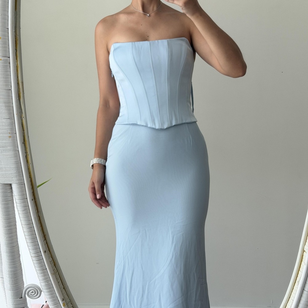 Oh Polly Dress 4 Blue Corset Mermaid Maxi Strapless Formal Evening Gown Wedding - Picture 4 of 14